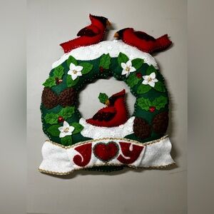 Christmas embroidered felt handmade wreath cardinal birds joy poinsettias holly
